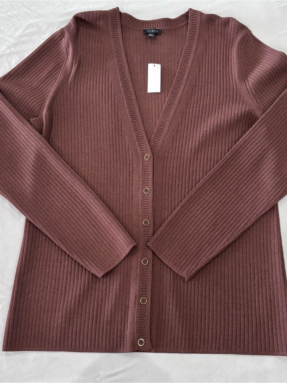 Talbots Women’s L Brown Ribbed Cardigan Sweater Gold Buttons V Neck NWT